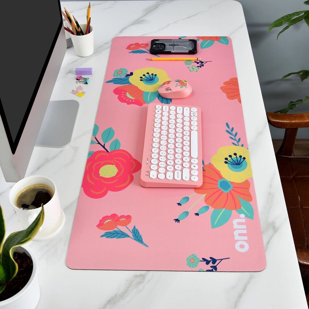 onn. XL Desktop Mouse Mat with Anti-Slip Base, Polyester, Pink Flowers, 35" x 16